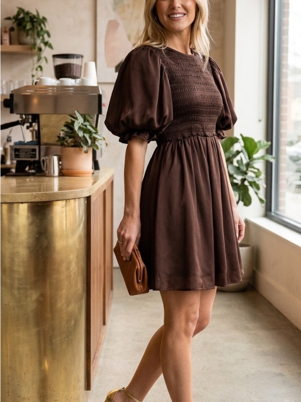 CROSBY by Mollie Burch Chocolate Brown Puff-Sleeve Mini Dress